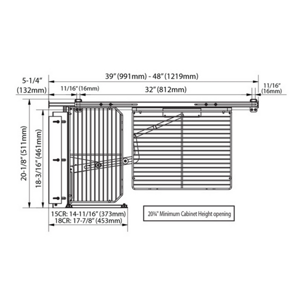 Chrome Blind Corner Organizer Soft Close, 39 to 48 X 20-1/16 X 21